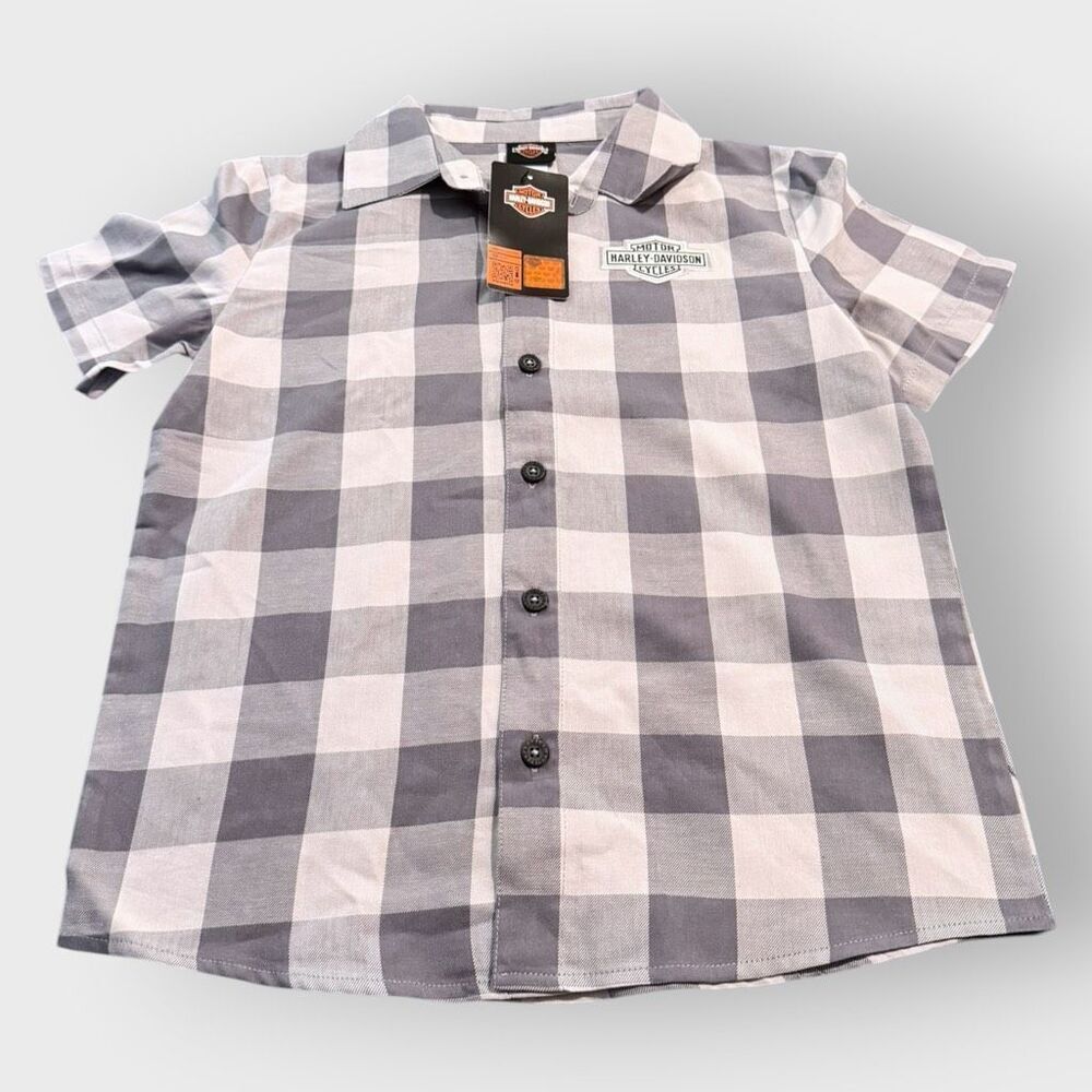 Harley-Davidson Boys B&S Short Sleeve Plaid Gray Flannel Shop Shirt size 4/5T